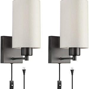 KOONTING® Plug in Wall Sconce Set of 2, Beige Fabric Shade Wall Lamp with Plug in Cord and On/Off Toggle Switch, Morden Wall Light Fixture for Headboard Bedroom Living Room (Beige)