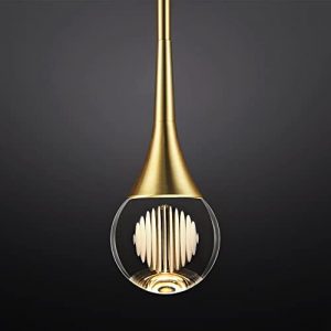 Untrammelife 1-Light Teardrop Crystal Pendant Light, Mini Globe Ceiling Hanging Light in Gold Brushed Brass Finish 8W Dimmable LED Metal Rod Glass Pendant Light for Kitchen Island Bathroom Dinning Bar
