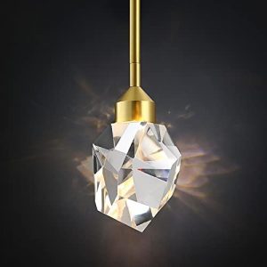 Untrammelife 1-Light Modern Crystal Pendant Light in Gold Brushed Brass Finish 5W Integrated LED Mini Hanging Pendant Light Fixture Metal Rod Ceiling Single Pendant Light for Kitchen Bedroom Bar