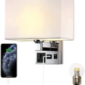 Bedside Wall Mount Light with USB, LED Reading Swing Arm Fabric Shade Wall Sconce, Hardwired Wall Lamp for Bedroom, Living Room Hotel (Chrome)