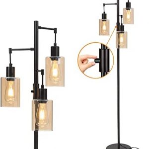 Farmhouse Floor Lamps Dimmable for Living Room, Oil Rubbed Bronze Tree Standing lamp , 3 Lights Tall Pole Lighting with Amber Glass Shade