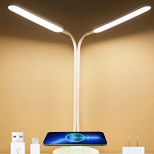 GARTO LED Desk Lamp with Wireless Charger, Double Head Caring-Eye Table Light for Home Office, Touch Control, Gooseneck, 3 Color Modes, and Stepless Dimming for Reading Work(White Wireless Charger)