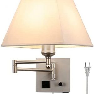 Plug in Wall Light,Swing Arm Wall Sconces with USB Port and Outlet,Wall Lamp with White Fabric Shade Dimmable Switch for Bedroom, Living Room , Office Nickel