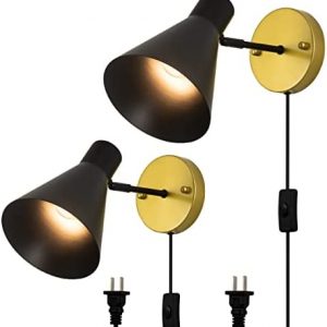 Modern Black Bedside Sconces Plug in Wall Sconces Gold 2-Pack Industrial Retro Wall Light with Plug-in Cord Modern Chic Wall Lamp for Bedside Bedroom Stairs, by Nieadu
