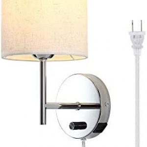 Bedside Wall Lamp with Dimmable Switch, AC Outlet and USB Charging Ports, Wall Sconce with Plug in Cord and Round Fabric Shade, Wall Light Fixtures Apply to Hallway Bedroom Living Room (Bulb Included)