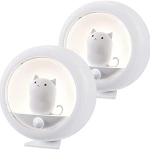 Cute Cat Motion Sensor Night Light (2 Pack), Cordless Rechargeable LED Night Light, Stick-Anywhere Closet Lights Stair Lights, Wall Lights for Hallway, Bedroom, Kids Room