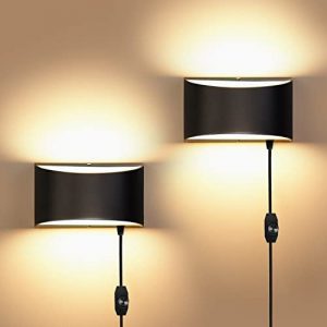 Plug in Wall Sconces, Dimmable Up Down Wall Lights with Cord and Switch, Hardwired Bedroom Black Wall Lamp Lighting for Living Room Hallway Decor,12W 3000K Warm White, Set of Two (Black)