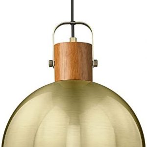 ELYONA Vintage Pendant Light, 12″ Wood Ceiling Hanging Lamp with Dome Metal Shade, Adjustable Mid Century Pendant Light Fixtures for Kitchen Island Farmhouse Dining Living Room Hollway, Brushed Brass