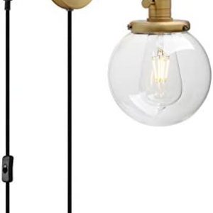 Permo 1-Light Plug in On/Off Switch Wall Sconce with Mini 5.9″ Round Globe Clear Glass Shade Vintage Industrial Wall lamp Light Fixture (Antique)
