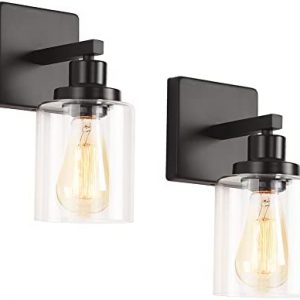 Matte Black Vanity Lights for Bathroom, Wall Sconces Set of Two, Modern Wall Light Fixtures, Metal Sconces Wall Lighting with Clear Glass Shade, Farmhouse Wall Lamp