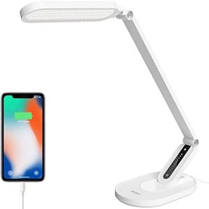 LED Desk Lamp,JKSWT Eye-Caring Table Lamps Natural Light Protects Eyes Dimmable Office Lamp with 5 Color Modes USB Charging Port Touch Control and Memory Function,10W Reading Lamp