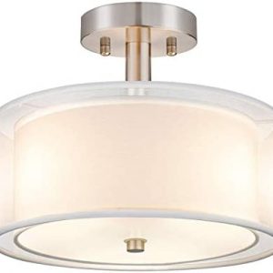 3-Light Semi Flush Mount Ceiling Light Fixture, Drum Light with Double Fabric Shade, Modern Close to Ceiling Lamps for Living Room, Bedroom, Dining Room, Kitchen, Hallway, Entry, Foyer