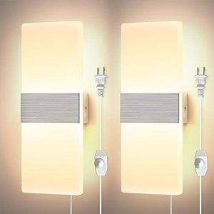 Dimmable Wall Sconce Plug in Set of 2, LIGHTESS LED Wall Light Fixture 12W Acrylic Modern Wall Lamp for Living Room Bedroom, Warm White
