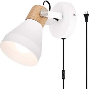 TeHenoo Contemporary White Wall Sconce, Rotatable Wooden Wall Lamp with Plug-in Cord for Bedroom, Reading,Living Room, Guest Room