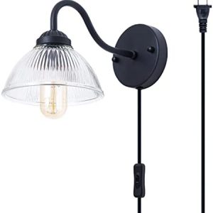 Plug-in Glass Wall Lamp Farmhouse Black Wall Light Industrial Wall Light Fixture for Bedside, Bedroom,Foyer, Hallway,Living Room