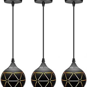 3 Colors LED Pendant Light, Black Matte Hollow Shade Pendant Lights, Metal Mini Hanging Ball Ceiling Latern with Adjustable Cord, Pendant Lighting Fixture for Kitchen Island Cafe Bedroom,3 Pack