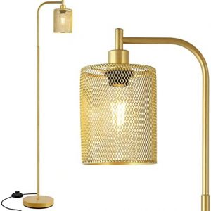 BoostArea Industrial Floor Lamp, Gold Standing Lamp with Hanging Iron Mesh Lamp Shade, 6W LED Bulb, Foot Switch, Whole Metal Farmhouse Floor Lamp, Rustic Floor Lamps for Living Room/Bedroom/Office/Den