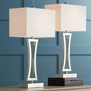 Roxie Modern Contemporary Table Lamps 31″ Tall Set of 2 Brushed Nickel Metal Off White Rectangular Shade for Living Room Bedroom House Bedside Nightstand Home Office Entryway – 360 Lighting