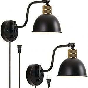 Plug in Wall Sconce Set of 2 Swing Arm Wall Lamp with Dimmable Switch, Black Farmhouse Hardwired Wall Sconce Industrial Vintage Wall Mounted Light for Bedroom Reading, 2 in 1 Install