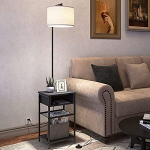 Floor Lamps with Table, End Table Lamp with Shelves Drawer Foot Switch for Bedroom Living Room Floor Light with Linen Shade Side Table Lamp Bedside Nightstand End Table Attached Tall Lamp, Black