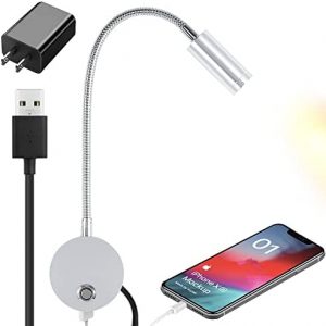 Dimmable Wall Mounted Reading Light with USB Charging Port, LED Bedside Wall Lamp with Flexible Gooseneck, Brushed Nickel Finished, Adapter Included(3W Warm White)