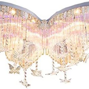LITFAD Modern Art Deco Ceiling Light 31.5″ Wide Butterfly Shaped Crystal Raindrop Discoloration Pendant Light LED Flush Mount Fixture for Girls Room,Kids Bedroom,Study Room