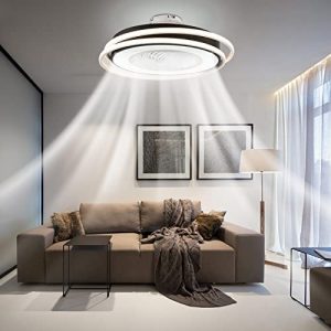 Enclosed Ceiling Fan with Lights Remote, 23″ Invisible Ceiling Fan Lighting Kit 3-Color & Wind Speed Semi Flush Mount Enclosed with Invisible Blades for Kids Bedroom Living Room, Black and White