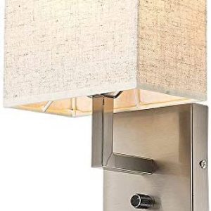 Bedside Wall Mount Light with Dimmer Switch and Two USB Charging Port,Fabric Linen Shade Wall Sconces Light with Plug in Cord and Satin Nickel Finish, Perfect for Bedroom, Living Room and Hotel