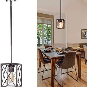 Industrial Pendant Lights, Farmhouse Adjustable Hanging Light Fixtures, Metal Cage Pendant Light with Seeded Glass Shade, Pendant Lighting for Kitchen Island Dining Room Hallway Bar (1-Pack)