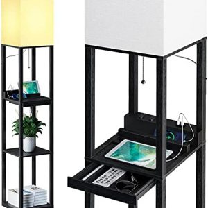 SUNMORY Floor Lamp with Shelves,Modern Dimmable Solid Wood Standing Lamp Both with 1 Drawer and 2 USB Ports & 2 Power Outlet,Corner Tall Bookshelf Lamp for Living Room and Bedroom(Black)