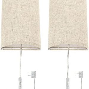 Wall Sconces Set of Two, Wall Lights Plug in with 6FT Cord and On/Off Switch, Lightweight Wall Lamp Ideal for Bedroom, Living Room and Kids Room, Fabric Linen Shade, E26 Base(Exclude Bulb)