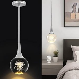 Tioolo Mini Pendant Light, 5W Globe Metal Rod Pendant Lighting, Teardrop Crystal Pendant Light with Jellyfish, 1-Light Modern LED Hanging Light Fixture, Kitchen Bar Bedroom Lights, Warm Light/Chrome