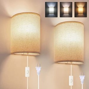 Wall Sconces Set of Two, Plug in Wall Sconces 3 Color Temperature, Wall Lamp with Plug in Cord, Wall Lights for Bedroom, Living Room, Hallway and Indoor Home Decor (Include Bulbs)