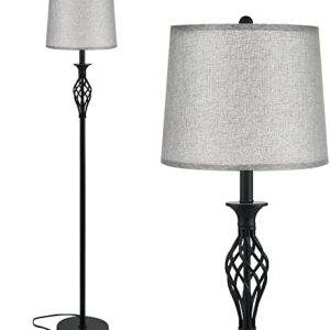 Floor Lamp for Living Room – Ambimall Classic Standing Lamp with Twist Design, Vintage Tall Pole Lamp for Bedroom Kitchen Office Dinning Room Reading, Grey Lampshade