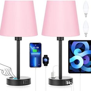 Pink Lamps for bedrooms Set of 2 – Girly Nightstand Lamp with USB C Port and AC Outlet Charging, 3 Way Dimmable Touch Small Bed Side Table Lamp, Bedside Night Stand Light for Kids/Girls