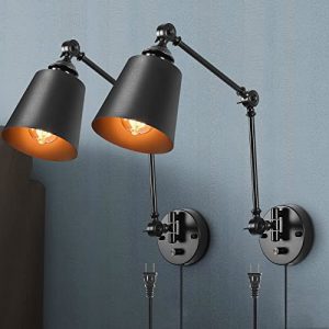 HOXIYA Plug in Wall Lamps Set of 2, Swing Arm Wall Sconce with Plug-in Cord with Dimmer Switch, Matte Black Metal Industrial Reading Light Fixture Wall Mounted for Bedside Bedroom Living Room Cupboard