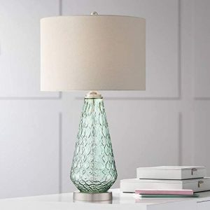 Julia Modern Coastal Table Lamp 26.5″ High Textured Seafoam Green Glass Brushed Nickel Silver Off-White Drum Shade for Living Room Bedroom Beach House Bedside Nightstand Home – 360 Lighting