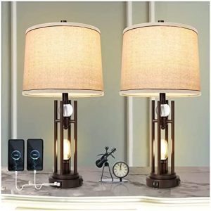 AIDENOEY Set of 2 Table Lamps with Night Light , 27.5″ Tall Farmhouse Table Lamp with 2 USB Ports, Bedside Lamp Oil Rubbed Bronze Off White Round Burlap Shade for Living Room Bedroom Home Office