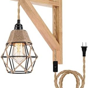 Frideko Wall Lamp with Plug in Cord – Plug in Wall Sconces, Farmhouse Hanging Lamps That Plug into Wall Outlet, Rustic Wall Mount Lamp with Wood Shelf Bracket & Swith for Living Room, Bedroom