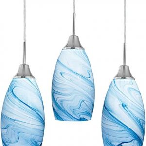 Mini Glass Pendant Light with Handblown Blue Marble Art Glass Shade Adjustable Cord Modern Oval Lamp Ceiling Pendant Light Fixture for Dining Room, kitchen,Foyer, Hallway, Brushed Nickel Finish 3 Pack