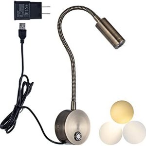 Dimmable Wall Sconces Reading Light, LED Wall-Mounted Reading Lamps Gooseneck Plug in/USB/Wall Mounted Wall Light Sconce Lamp Lighting for Bed Headboard Reading Room (160LM 3W Warm White 3000K）Bronze