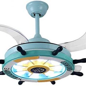 Lighting Groups 42” Invisible Reversible Ceiling Fan with Light & Remote, 4 Retractable Blades Fan Chandeliers for Kids’ Room, Indoor Pirate Ship Steering Wheel Ceiling Light Kits with Fans (Blue)