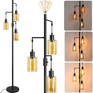 Dimmable Farmhouse Floor Lamp for Living Room, Industrial Tree Standing Lamp with 3 Amber Glass Shades & Incandescent Bulbs, Rustic Vintage Tall Pole Light with Metal Base for Bedroom Office Study E26