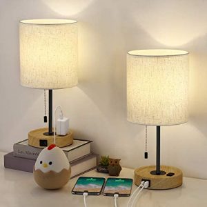 HAITRAL Wooden USB Table Lamps- Bedside Lamps with Dual USB Port and Outlet, Dual USB Lamps with Pull-Chain Switch Table Lamps for Bedroom, Living Room, Dorm, Farmhouse- Set of 2