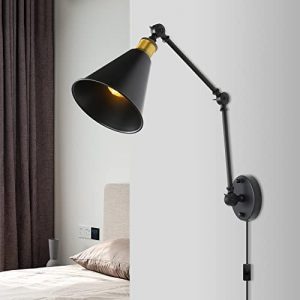 Plug in Wall Sconces, Industrial Adjustable Swing Arm Wall Lamp with Plug in Cord, Black Retro Wall Mounted Light Fixture with Rotary Switch for Beside Bedroom, Living Room, Bathroom, Indoor, Doorway