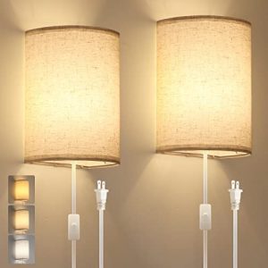 Plug in Wall Sconce, 3 Color Wall Sconces Set of Two, Industrial Wall Lamp with Plug in Cord, Rustic Wall Sconce Fixture, On/Off Switch Vintage Wall Light Fixture for Headboard Bedroom Porch (Beige)