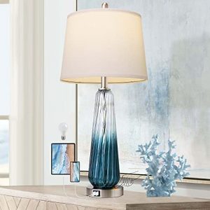 Table Lamps for Living Room with Touch Control, 3-Way Dimmable Bedside Lamps with 2 USB Ports, Modern Glass Nightstand Lamp with White Fabric Shade, 27.5″ Large Lamps for Home Bedrooms Decorations