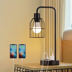 Industrial Table Lamp with USB Modern Nightstand Lamp Bedside Desk Lamp with Dual USB Charging Ports and AC Outlet Edison Lamp with Cage Shade for Reading Room, Living Room, Office (LED Bulb Included)