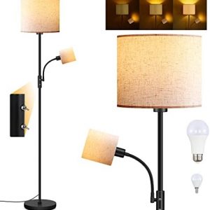 LED Floor Lamps for Living Room, 15W Dimmable Floor Lamp with 4W Adjustable Reading Light, 3000K Brightness Light, Modern Floor Lamp with Linen Lampshade,LED Standing Lamp for Bedroom,Office,Farmhouse