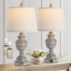 Vintage Classic Table Lamps for Bedroom Set of 2 with USB Port, 3-Way Dimmable Bedside Lamps for Living Room with Tapered Linen Drum Shade,Bulbs Included